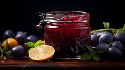 A tangy special angle commercial shot of a jar of Plum Sauce, highlighting the deep purple color and the glossy texture