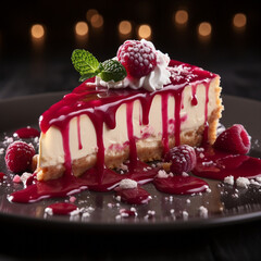 A tantalizing special angle commercial shot of a slice of creamy Raspberry Swirl Cheesecake, capturing the luscious cheesecake base and the vibrant swirls of raspberry sauce