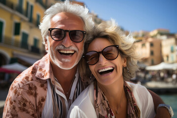 European elderly couple on a scooter embarking on a culinary journey, feeling eager to savor delicious regional cuisines and create lasting gastronomic memories. Time to relax on vacation summer