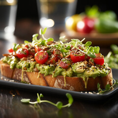 A trendy special angle commercial shot of a beautifully garnished Avocado Toast, showcasing the creamy avocado spread and the various toppings like microgreens and cherry tomatoes