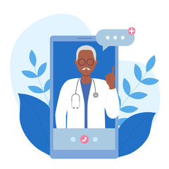 Senior doctor. Doctor online. Consultation with a doctor using a mobile phone or application. Vector illustration in flat cartoon style. The concept of protection and medicine.