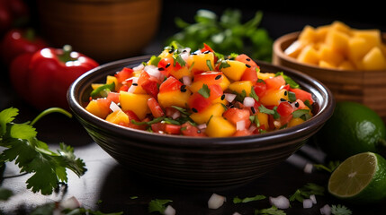 A zesty special angle commercial shot of a bowl of fresh Papaya Salsa, showcasing the vibrant colors of the papaya, peppers, and herbs