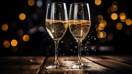 An elegant special angle commercial shot of two Champagne glasses clinking, with the bubbly liquid cascading down