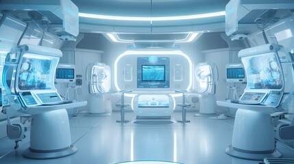 modern technology futuristic medical science labratory lab for research and analysis full of technology machine and screen monitor with hologram graphic technology,ai generate
