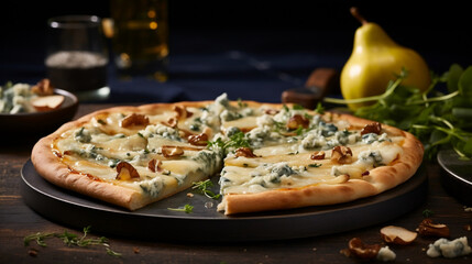 A gourmet special angle commercial shot of a slice of Pear and Gorgonzola Pizza, highlighting the thin crust, the creamy gorgonzola cheese, and the slices of ripe pear