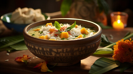 A fragrant special angle commercial shot of a bowl of aromatic Coconut Curry, highlighting the vibrant colors of the curry, the herbs, and the coconut milk