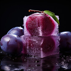 A juicy special angle shot of an ice cube and a plump Plum, showcasing the velvety skin and the deep purple color of the fruit