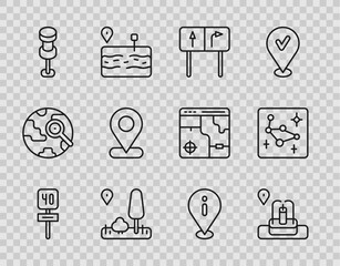 Set line Road traffic sign, Location with fountain, City map navigation, Push pin, information and Great Bear constellation icon. Vector