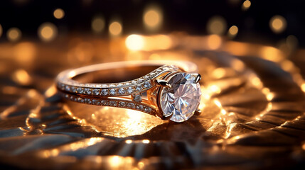 A luxurious special angle commercial shot of a dazzling Diamond ring, placed on a velvet cushion, with rays of light dancing on its surface