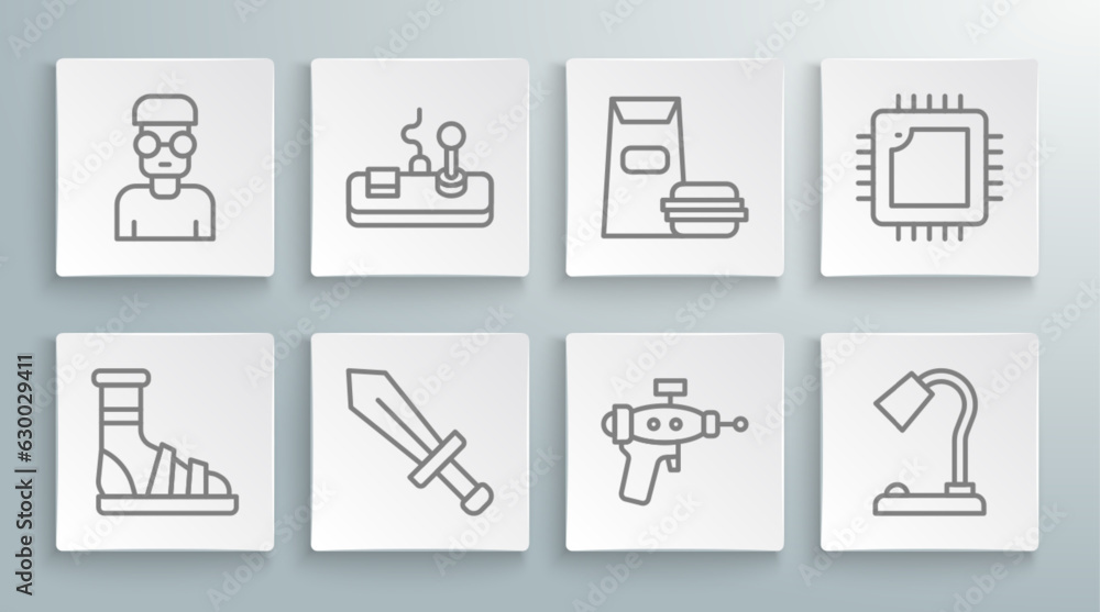 Poster set line slippers with socks, gamepad, sword for game, ray gun, table lamp, burger, processor cpu an