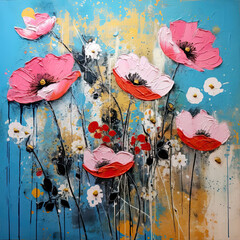 Creative abstract painted background with wildflowers, wallpaper, texture sand acrylic painting on canvas
