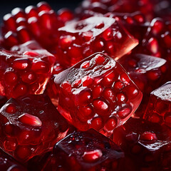 A mesmerizing special angle shot of an ice cube and a cluster of luscious Pomegranate seeds, showcasing the deep red color and the juicy texture of the seeds