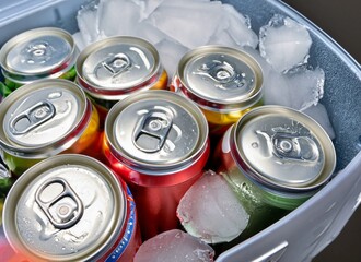 Cans of soft drinks in a bucket with ice. Cooling off in summer due to high temperatures