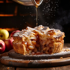 A mouthwatering special angle commercial shot of a freshly baked Apple Pie, capturing the golden crust and the bubbling, cinnamon-infused apple filling