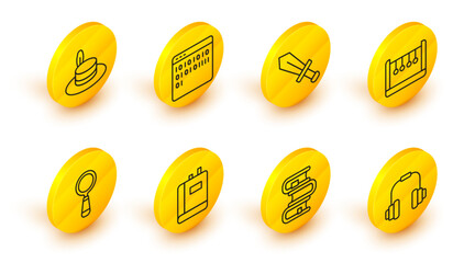 Set line Headphones, Book, Magnifying glass, Pendulum, Sword for game, Binary code and Man hat icon. Vector