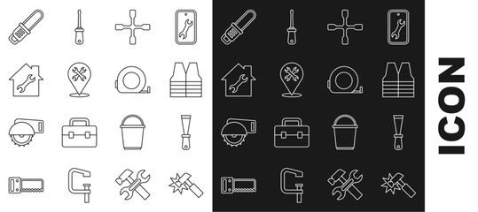 Set line Hammer, Putty knife, Safety vest, Wheel wrench, Location with, House repair, Chainsaw and Roulette construction icon. Vector