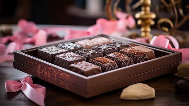 A mouthwatering special angle commercial shot of a beautifully designed Chocolate Box, with rows of decadent chocolates nestled inside