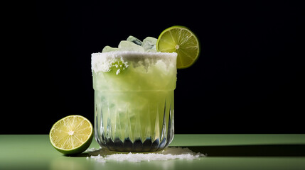 A refreshing special angle commercial shot of a frosty Lime Margarita, showcasing the salt-rimmed glass, the lime wedge, and the vibrant green color of the cocktail
