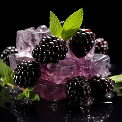 A refreshing special angle shot of an ice cube and a cluster of ripe Blackberries, highlighting the dark purple color and the juiciness of the berries