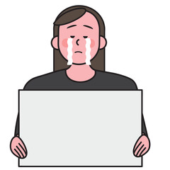 Woman holding a sign with various emotions