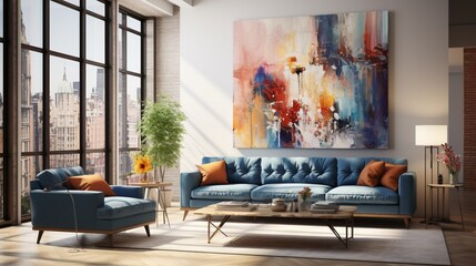 A living room with a blue couch and a white wall with a painting on it