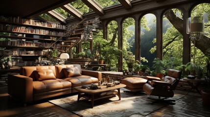 Fototapeta na wymiar A living room with a large wooden ceiling and a large window that has a view of the garden