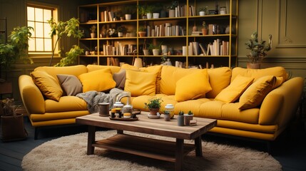 Obraz na płótnie Canvas A yellow living room with a yellow couch and a coffee table