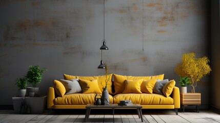 Bright yellow living room with concrete floor dark red soft sofa and coffee table Poster mockup