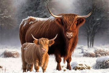 Highland cow and calf standing in snow covered field, ai generative
