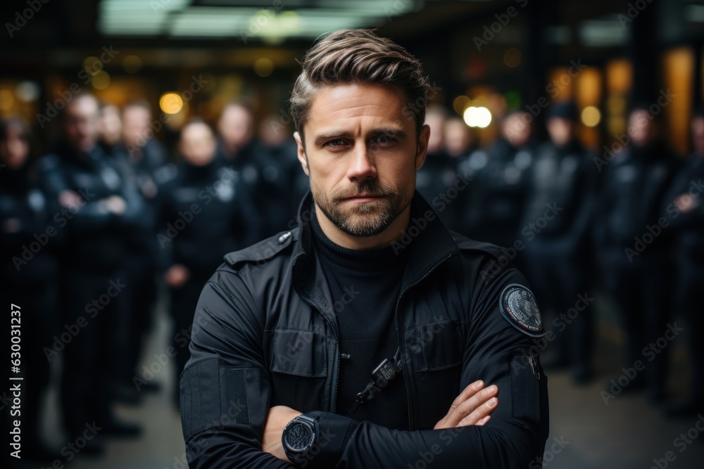 Wall mural policeman at the police station Confident policeman standing with arms crossed looking at the camera with crews behind him.