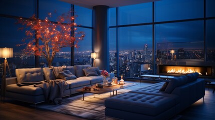 Comfortable modern living room illuminated by blue lighting