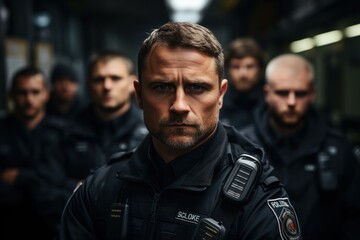 Obraz premium policeman at the police station Confident policeman standing with arms crossed looking at the camera with crews behind him.