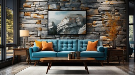 Cozy living room with a blue couch and stone wall decor