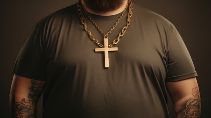Christian cross on fat man neck. Golden christ cross on a chain around the neck of a fat man. - Powered by Adobe