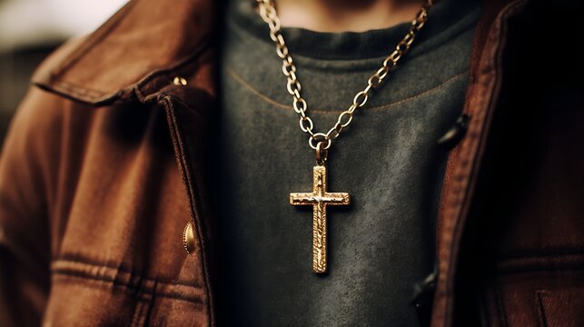 Christian cross on man neck. Golden christ cross on a chain around the neck of a man.
