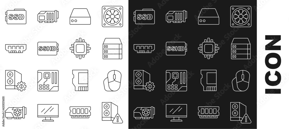 Poster set line case of computer, computer mouse, server, data, web hosting, sshd card, ram, random access 