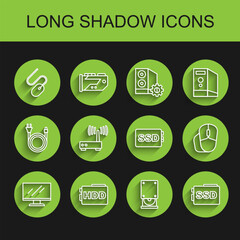 Set line Computer monitor screen, Hard disk drive HDD, mouse, Optical disc, SSD card, Router and wi-fi signal, and icon. Vector