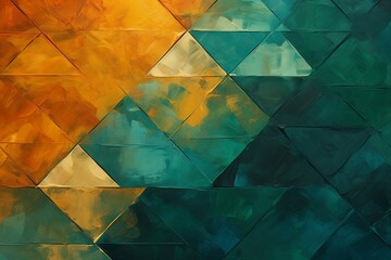 抽象油絵バナー・直線的なカラフル背景）深緑と茶色の三角形。AI生成画像