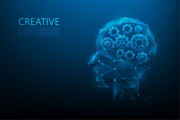 idea thinking Cogs in brain human technology digital on blue background. brainstorm creative low poly wireframe. vector illustration fantastic technology design.