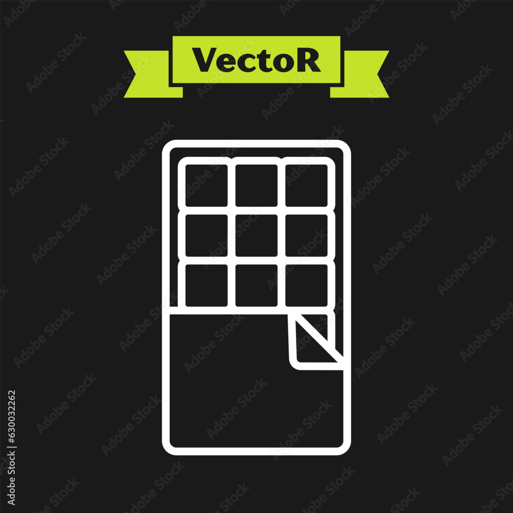 Sticker white line chocolate bar icon isolated on black background. vector