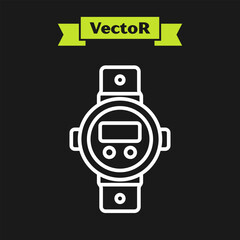 White line Diving watch icon isolated on black background. Diving underwater equipment. Vector