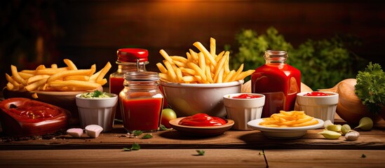 Delicious French fries and sauces are placed on the table