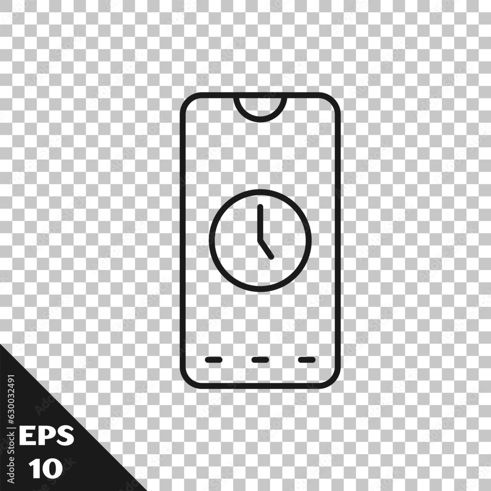 Poster black line alarm clock app smartphone interface icon isolated on transparent background. vector