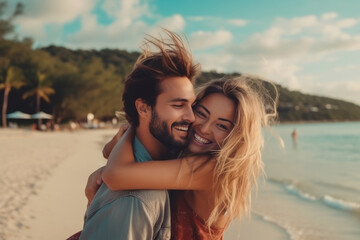 Fototapeta premium Loving couple enjoy at the beach in the hot summer day. Generative Ai