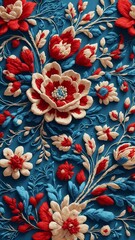 Fototapeta premium Red, white, and blue flowers on a blue background