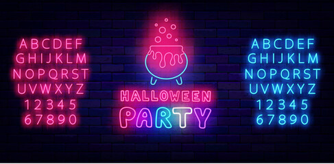 Halloween party neon label. Witch cauldron of poison. Holiday celebration. Luminous typography. Vector illustration