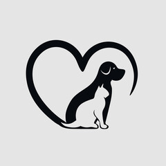 illustration of a dog and a cat on the background of the heart
