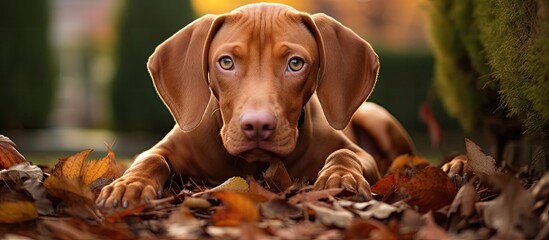 A Hungarian Vizsla dog is seen in a lovely autumn garden, appearing happy and content. The Vizsla pointer