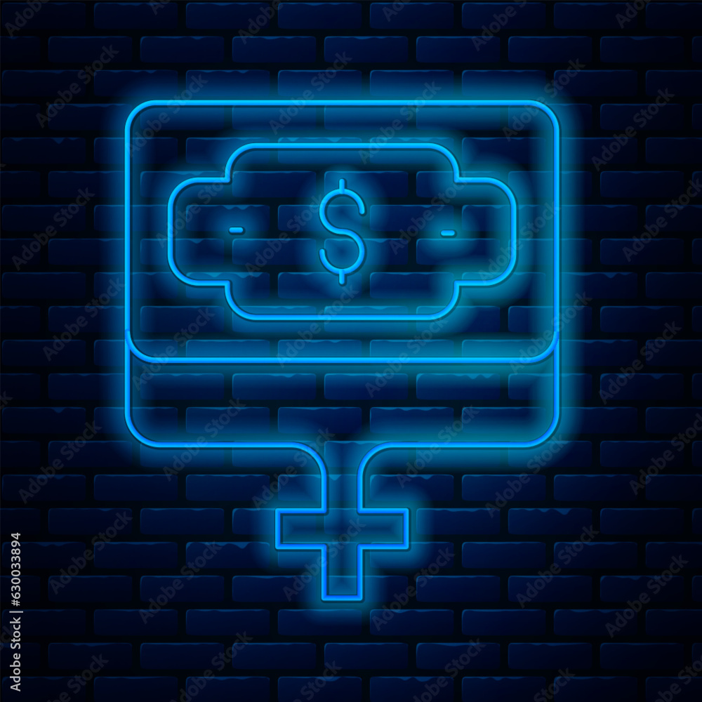 Wall mural glowing neon line money growth woman icon isolated on brick wall background. income concept. busines