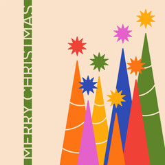 Merry Christmas card template. Holiday greeting poster design with inscription. Modern vector illustration of Christmas trees for print, social media designs